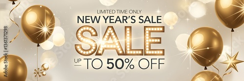 Modern New Year’s Sale promotional design. elegant golden balloons stylish typography shimmering confetti, soft bokeh background, bold 50 percent off discount text for luxurious holiday shopping event
