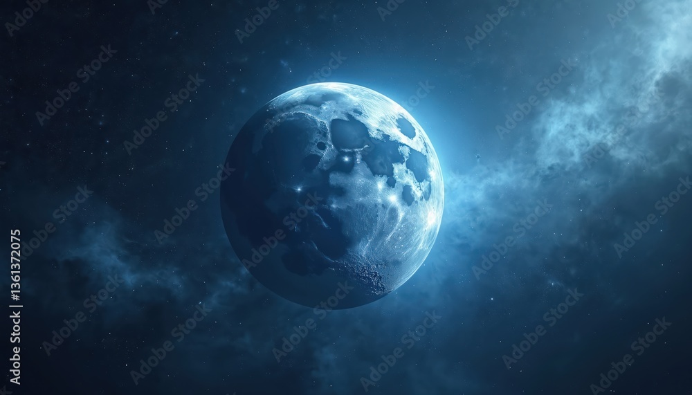 Naklejka premium Blue moon in outer space against starry background and nebulae. Cosmic spectacle includes detailed surface, glowing celestial body, planets, night sky, astronomical wonder.