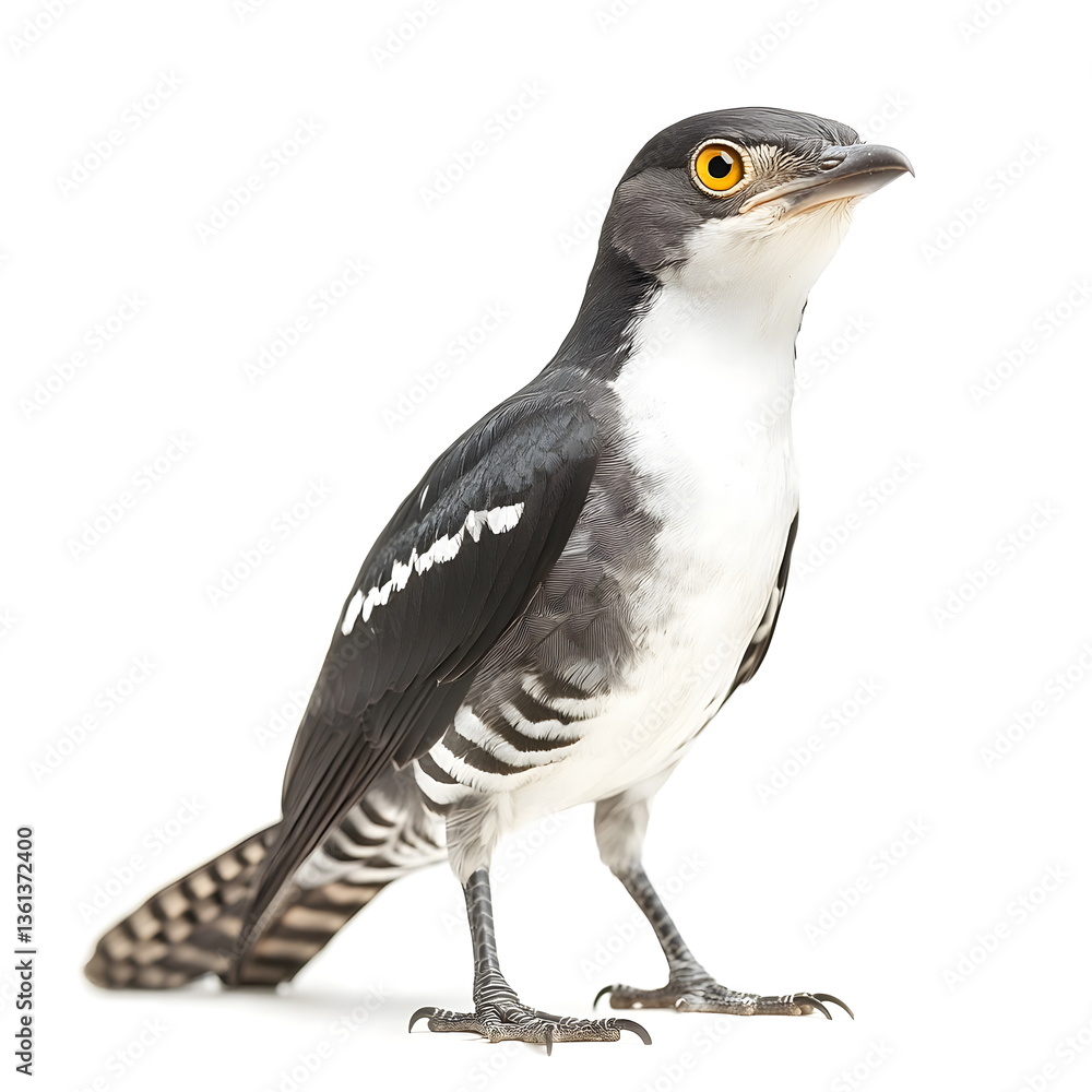 Obraz premium A realistic portrait of a striking cuckoo standing in profile, isolated on a white background. Its smooth gray and white plumage, slender body, slightly curved beak, and piercing yellow eyes create