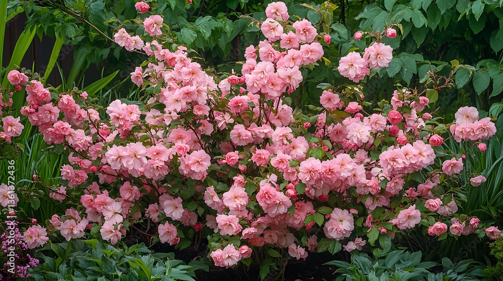 Blushing Pink Rose Bush in Full Bloom: A Garden Close-Up AI Generated Blushing Pink Rose Bush in Full Bloom: A Garden Close-Up AI Generated