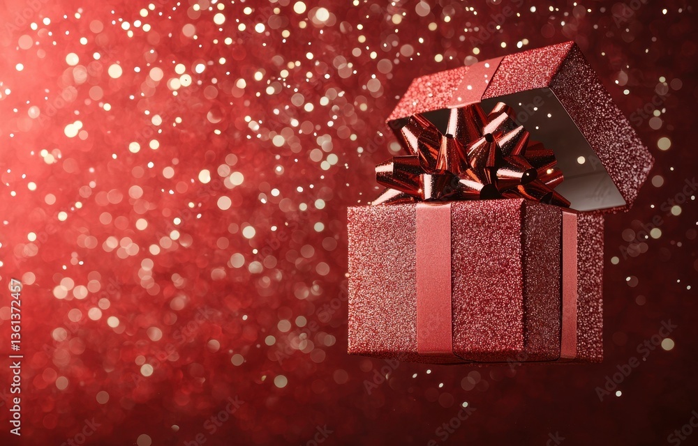 Glittery Red Gift Box with Bow on Colorful Bokeh Background Glittery Red Gift Box with Bow on Colorful Bokeh Background