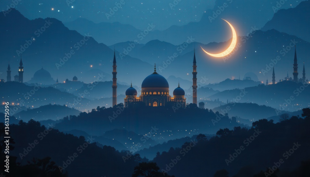 Obraz premium mosque at night eid Mubarak greeting card background