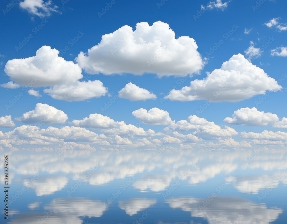 Fototapeta premium Serene Blue Sky with Fluffy Clouds Reflected on Calm Water Surface