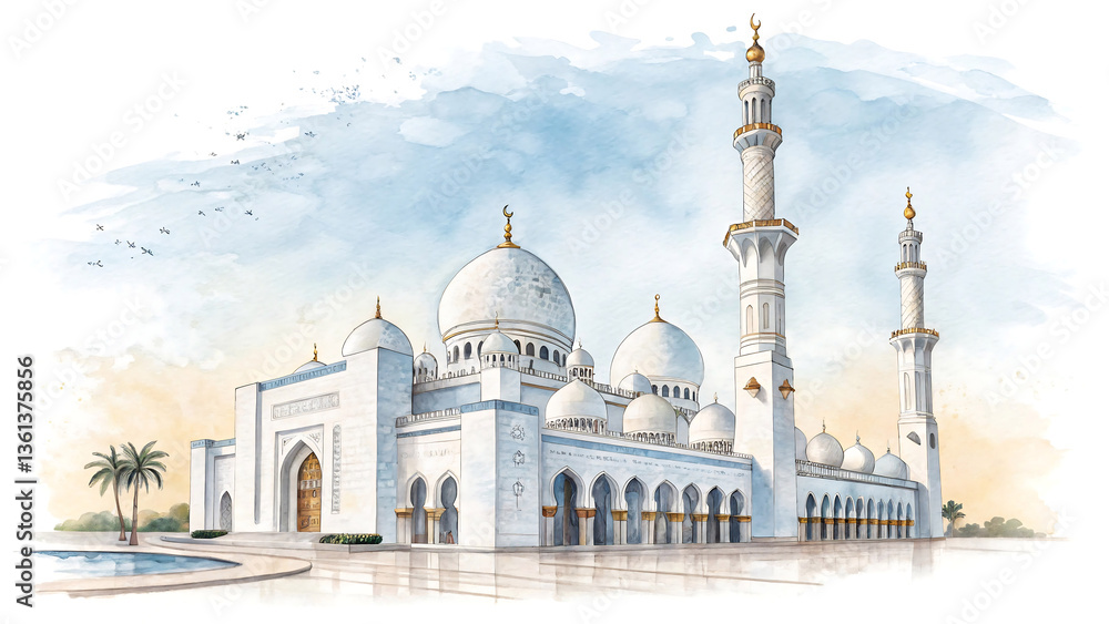 Fototapeta premium Majestic Mosque: Islamic Architecture with Grand Domes and Spiritual Ambiance