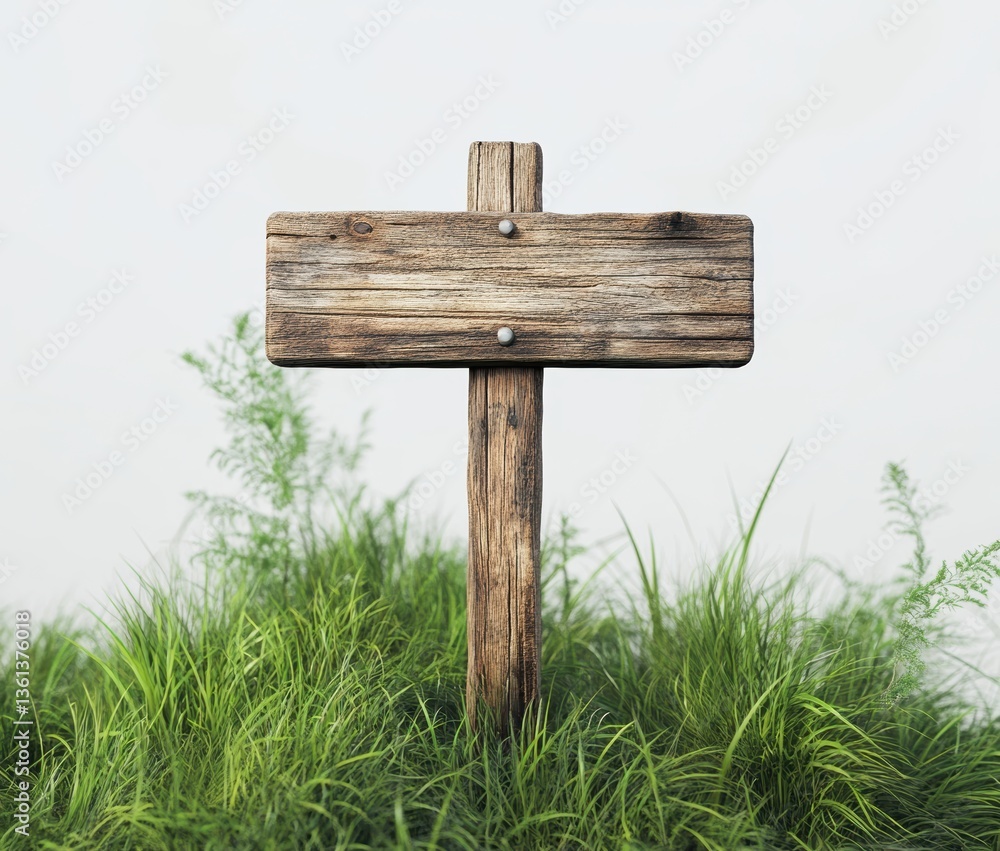 Wooden signpost surrounded by lush green grass in a natural setting capturing tranquility and growth Wooden signpost surrounded by lush green grass in a natural setting capturing tranquility and growth