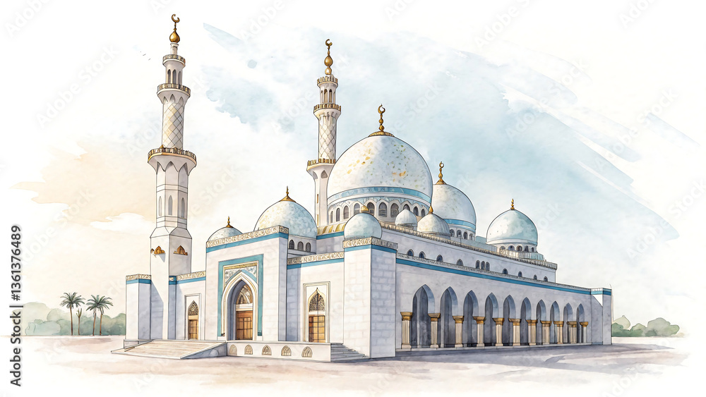 Obraz premium Majestic Mosque: Islamic Architecture with Grand Domes and Spiritual Ambiance