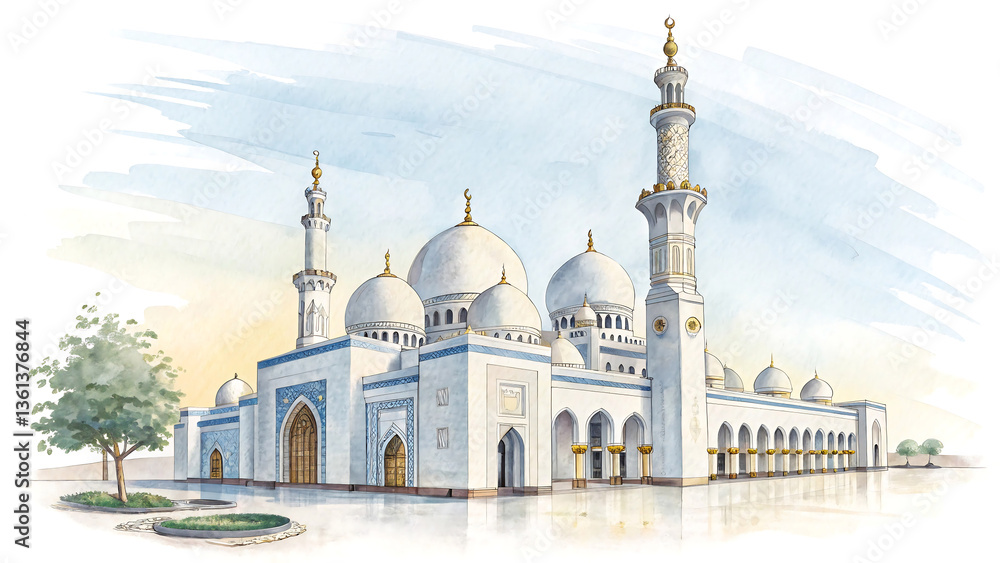 Obraz premium Majestic Mosque: Islamic Architecture with Grand Domes and Spiritual Ambiance