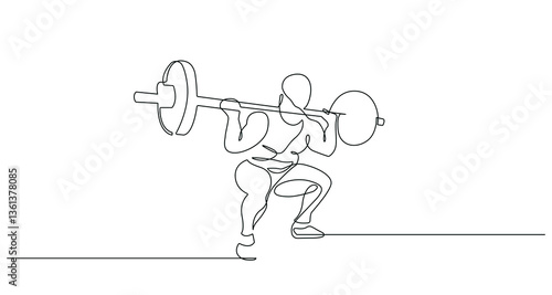 Strong Man with Barbell One Line Drawing. Male Sport Concept Abstract Minimal Drawing. Continuous One Line Man Sport Illustration. Modern Trendy Contour Drawing. Vector EPS 10.