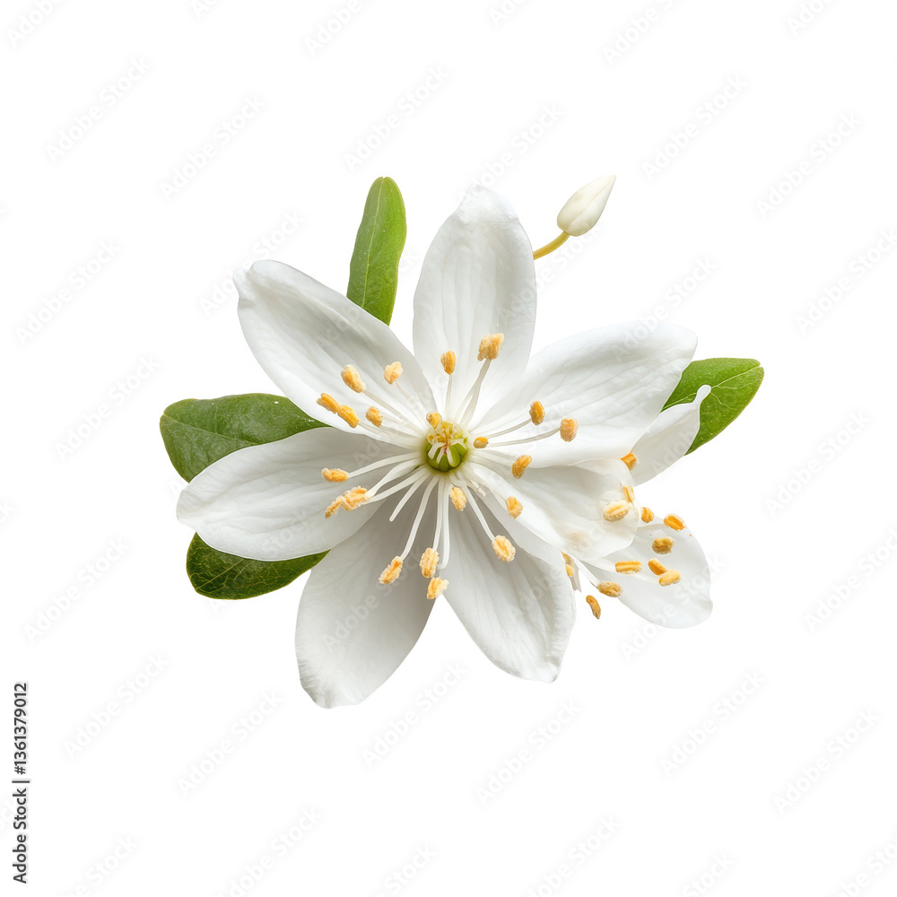 Obraz premium Delicate single slender deutzia flower viewed from above, showcasing its pristine transparent petals and green leaves, Single slender deutzia flower top view isolated on transparent background