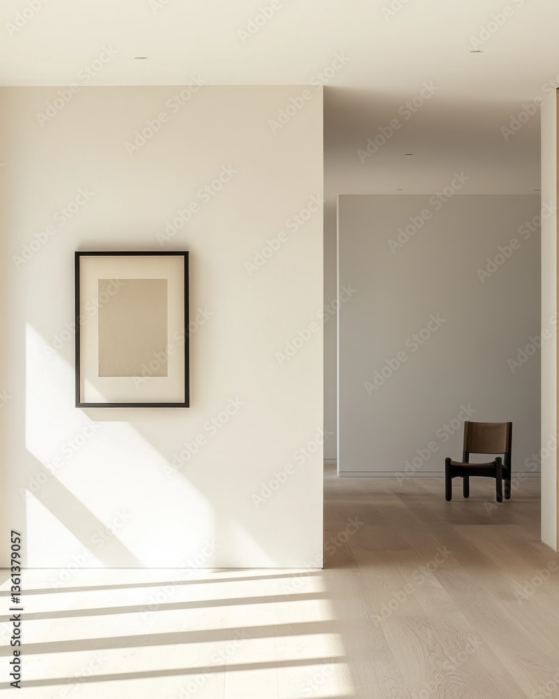 Fototapeta premium Minimalist hallway with sunlight, artwork, and chair.