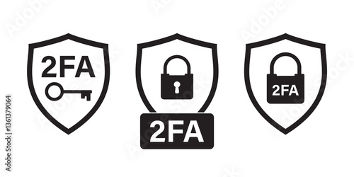 2FA icons, two factor verification password and login for user identity authentication, internet security. Secure shield, key and padlock. Set of monochrome pictograms.