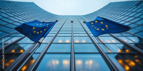 European union flags waving on modern building