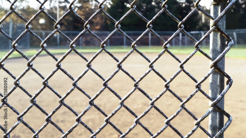 Baseball game action through chain-link fence outdoor field photography daylight close-up view sports concept Baseball game action through chain-link fence outdoor field photography daylight close-up view sports concept