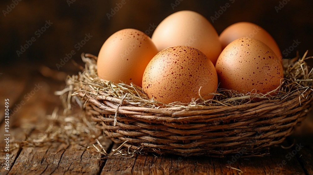 Fresh brown eggs nestled in a rustic wooden basket on a textured table Fresh brown eggs nestled in a rustic wooden basket on a textured table