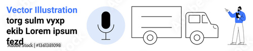 Microphone icon, delivery truck outline, and speaker holding document. Ideal for logistics, fleet management, audio content, customer service, business communication, e-commerce simple landing page