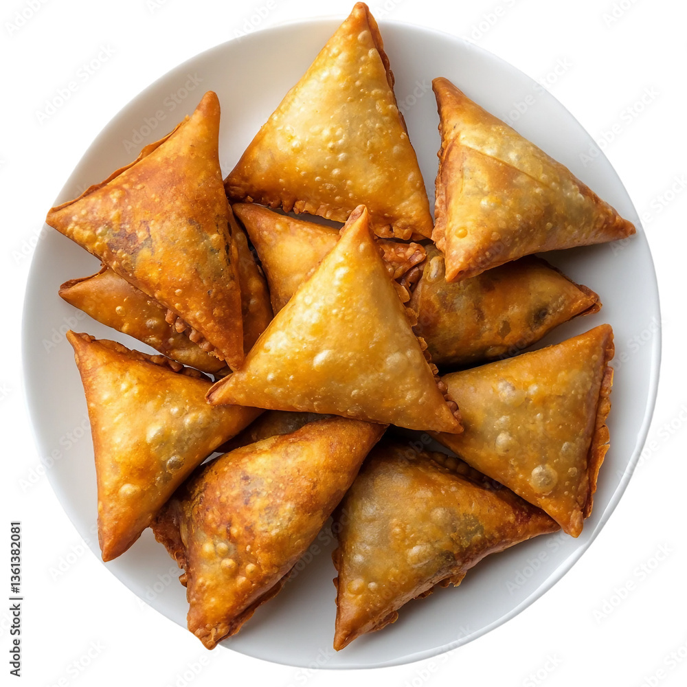 Transparent PNG available plate of vegetarian samosas top view, isolated on transparent white background, clipping path Transparent PNG available plate of vegetarian samosas top view, isolated on transparent white background, clipping path