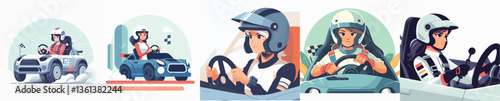 vector collection of a female car racing athlete