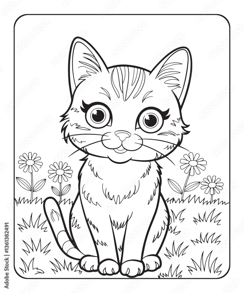 Obraz premium Cute cat coloring page for kids, black line art vector illustration on white background 