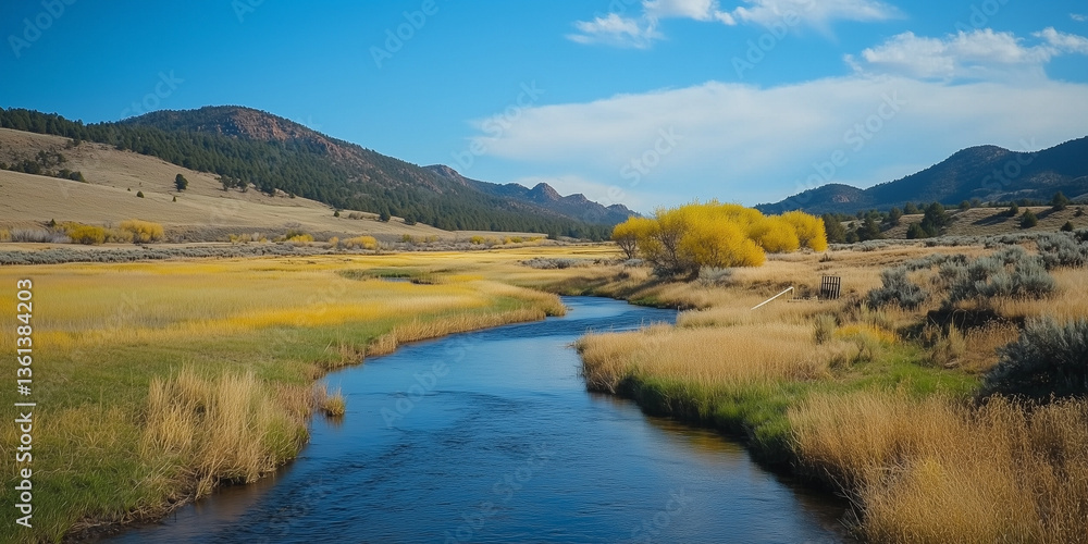 Fototapeta premium stream in green valley under blue sky