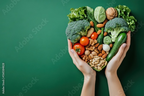 Healthy eating action hands holding fresh vegetables and nuts indoor kitchen setting nutritional awareness concept