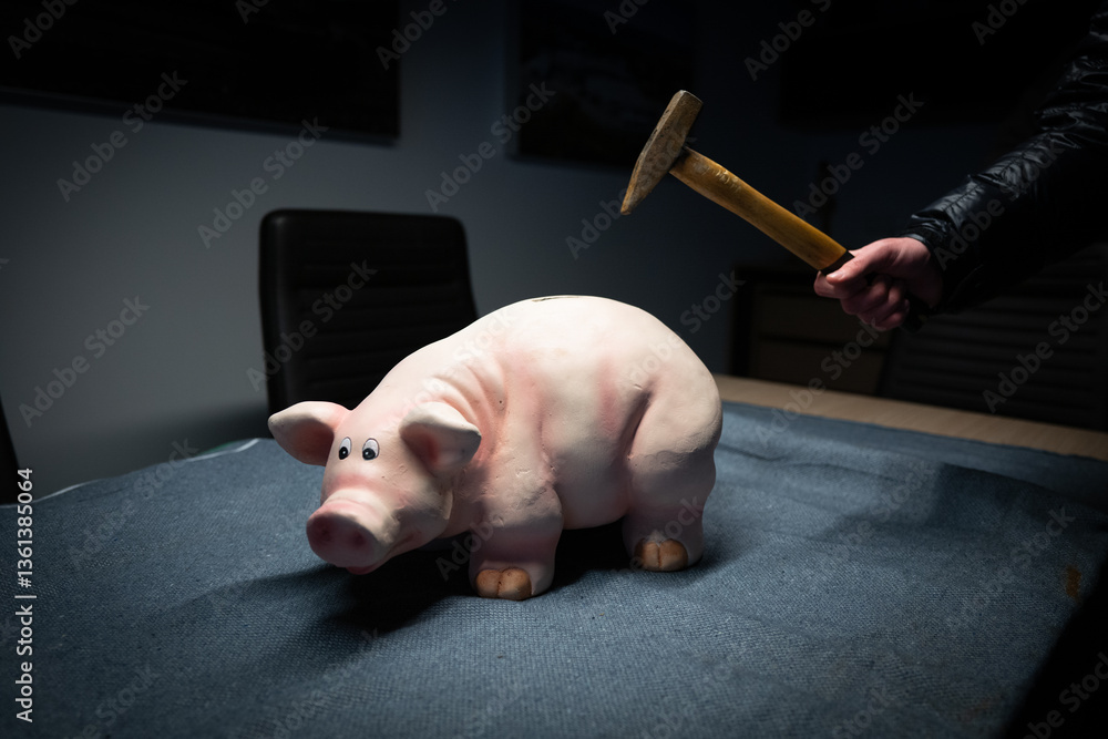 A piggy bank is to be slaughtered with a hammer
