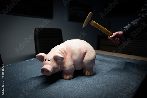 A piggy bank is to be slaughtered with a hammer