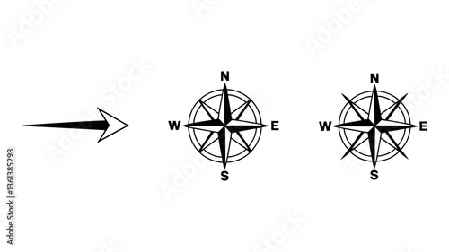 A set of compass icons representing direction and navigation, suitable for maps, outdoor activities, and location-based apps, each in different styles and orientations