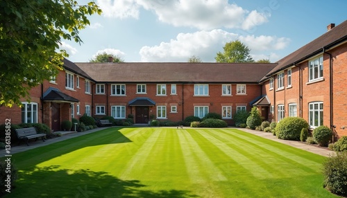 Exterior view of residential care home in UK. Brick building with manicured lawn and green bushes. Suburban housing in sunny summer day. Modern architecture and community housing. Retirement concept.