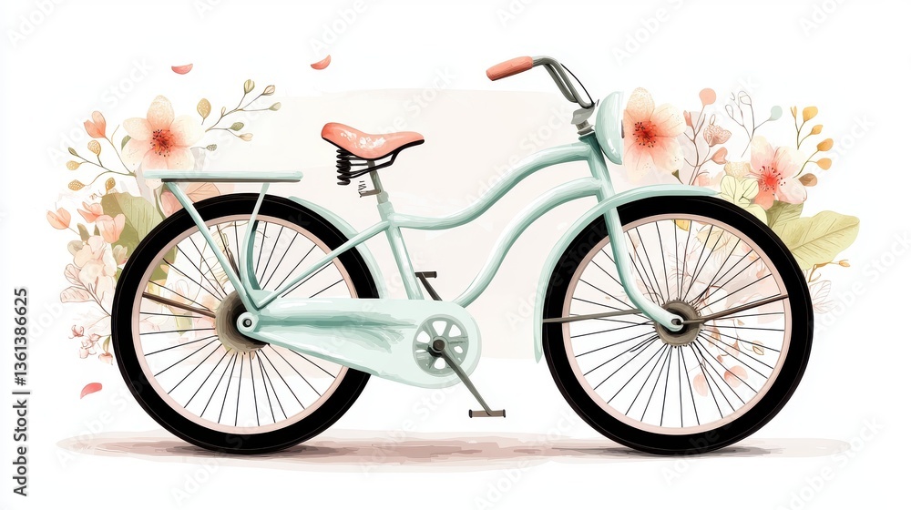 Fototapeta premium A hand-drawn vintage bicycle illustration with floral elements, designed for invitations or posters.