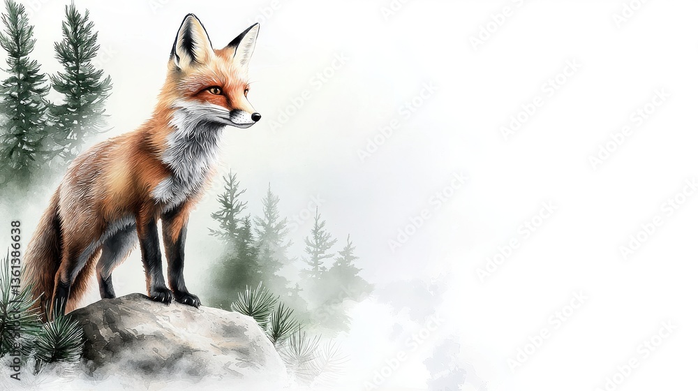 Fototapeta premium A hand-painted watercolor fox standing on a rock, gazing into the distance, surrounded by misty pine trees, with copy space.