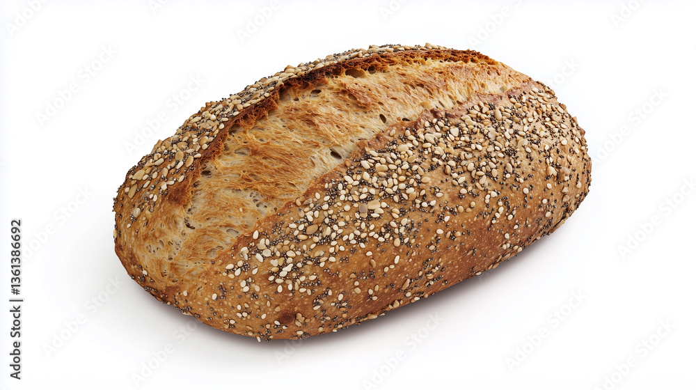 High-angle, close-up studio shot of a single loaf of crusty artisan bread. The bread is oblong with a slightly irregular shape, suggesting a handcrafted nature. The crust is a deep brown, exhibiting High-angle, close-up studio shot of a single loaf of crusty artisan bread. The bread is oblong with a slightly irregular shape, suggesting a handcrafted nature. The crust is a deep brown, exhibiting