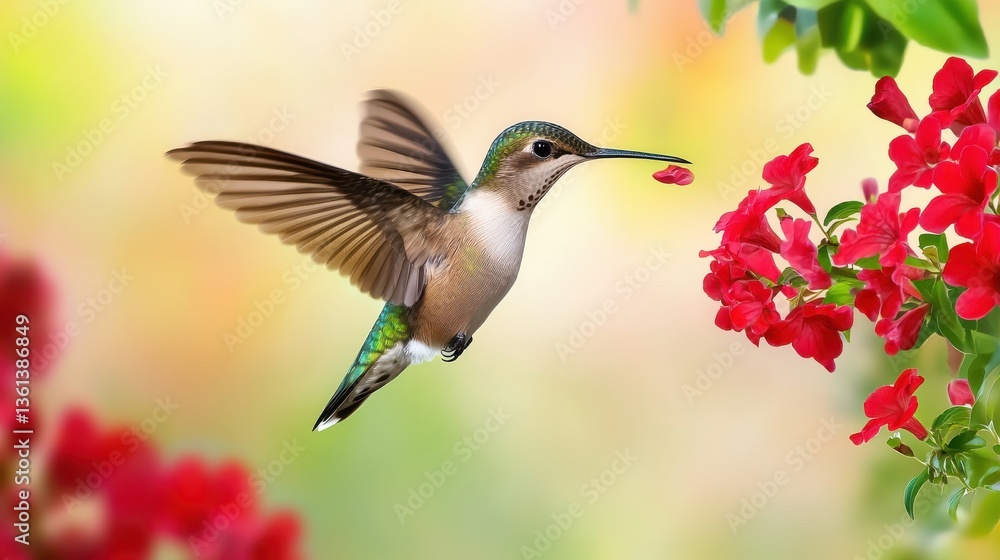 Naklejka premium A hummingbird flying among blooming red flowers, its wings a blur as it hovers to drink nectar, with vibrant colors and copy space.
