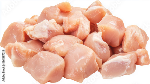 High-angle, close-up shot of a pile of raw, diced chicken pieces against a pure white background. The chicken pieces are pale pink and off-white, exhibiting a slightly irregular, roughly cuboidal