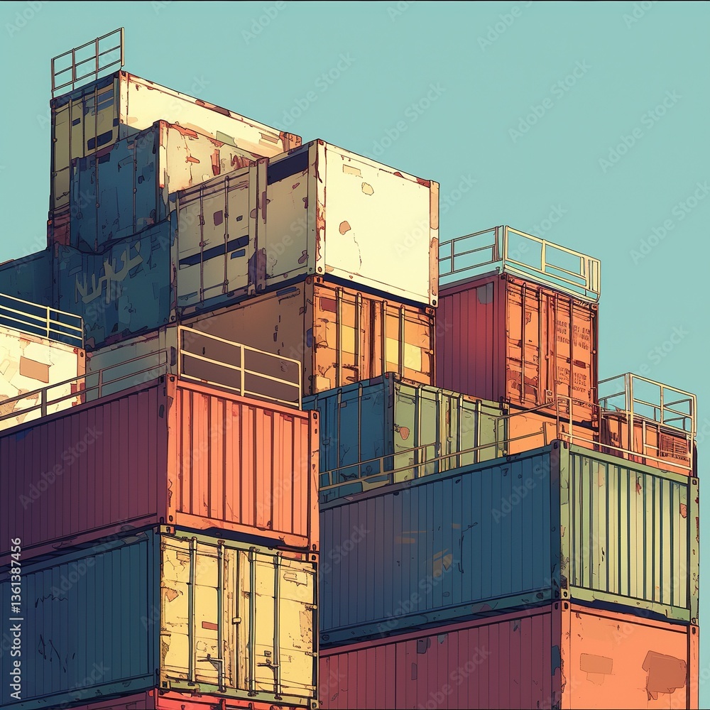 Fototapeta premium Stack of shipping containers representing global trade and logistics, symbolizing international commerce, import export, and supply chain management concepts.