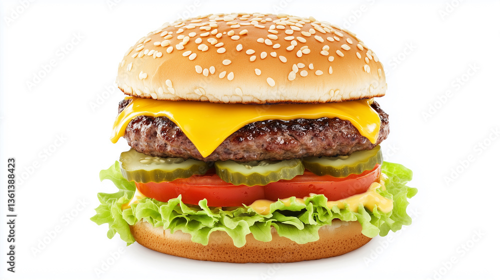 A high-resolution close-up studio shot of a classic cheeseburger against a pure white background. The image showcases a perfectly composed cheeseburger featuring a toasted sesame seed bun, a sizable A high-resolution close-up studio shot of a classic cheeseburger against a pure white background. The image showcases a perfectly composed cheeseburger featuring a toasted sesame seed bun, a sizable