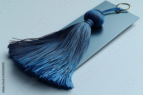Elegant blue silk tassel on smooth silver background for luxury decor and accessories