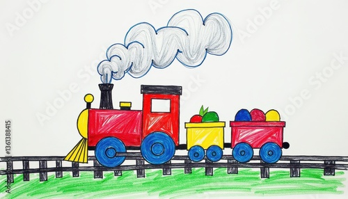 Creative children’s drawing of a train chugging along the tracks with puffs of white smoke.