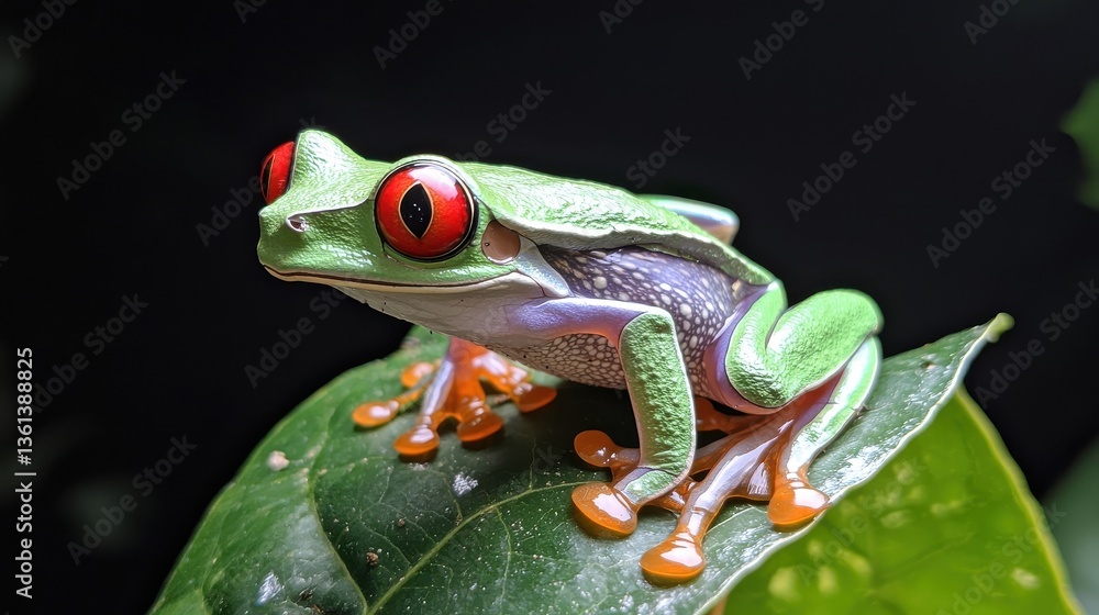 Naklejka premium A red-eyed tree frog perched on a leaf in the heart of the jungle, its striking red eyes and green body standing out against the backdrop.