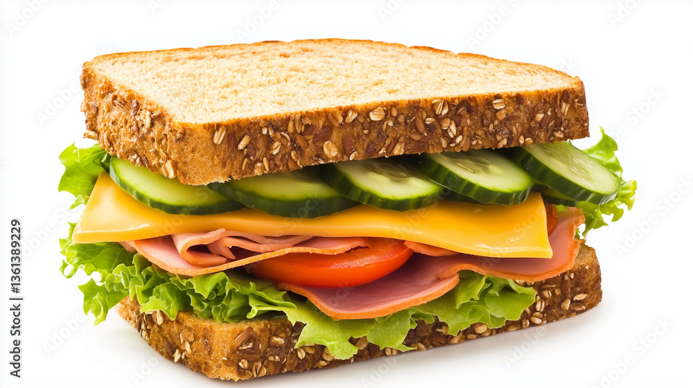 Close-up studio shot of a sandwich on a white background. The sandwich features two slices of whole wheat bread filled with layers of ham, cheese, tomato slices, cucumber slices and lettuce. The Close-up studio shot of a sandwich on a white background. The sandwich features two slices of whole wheat bread filled with layers of ham, cheese, tomato slices, cucumber slices and lettuce. The
