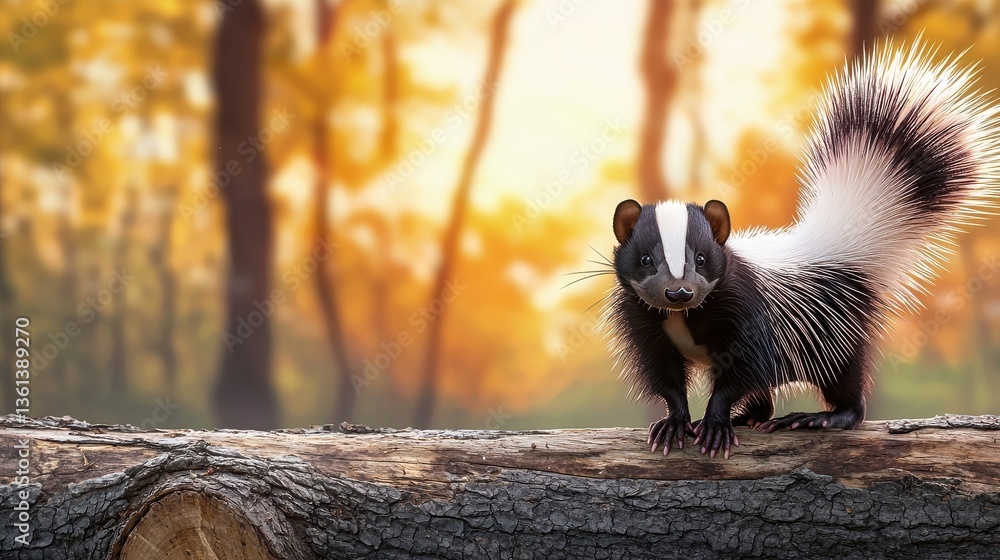 A skunk in the wild, standing on a log with its tail up, set against a serene forest background, capturing a natural and peaceful wildlife moment, with copy space. A skunk in the wild, standing on a log with its tail up, set against a serene forest background, capturing a natural and peaceful wildlife moment, with copy space.