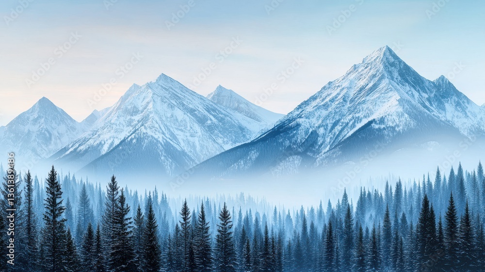 Fototapeta premium A snowy mountain range in the distance, with dense pine forests at its base, creating a perfect wildlife habitat, with soft hues of blue and white, with copy space.
