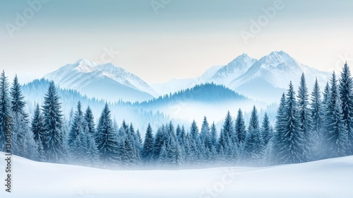 A snowy mountain range in the distance, with dense pine forests at its base, creating a perfect wildlife habitat, with soft hues of blue and white, with copy space.