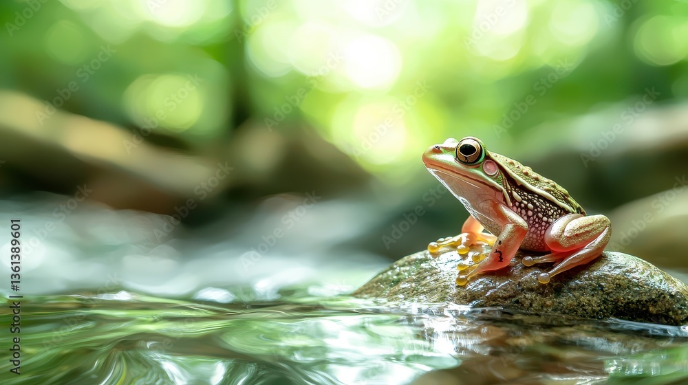A small frog sitting on a rock in a forest stream, the clear water flowing gently around it, with greenery and natural lighting in the background, with copy space. A small frog sitting on a rock in a forest stream, the clear water flowing gently around it, with greenery and natural lighting in the background, with copy space.