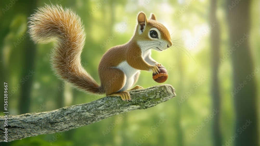 A squirrel perched on a tree branch, its tiny paws clutching an acorn as it surveys the forest below.