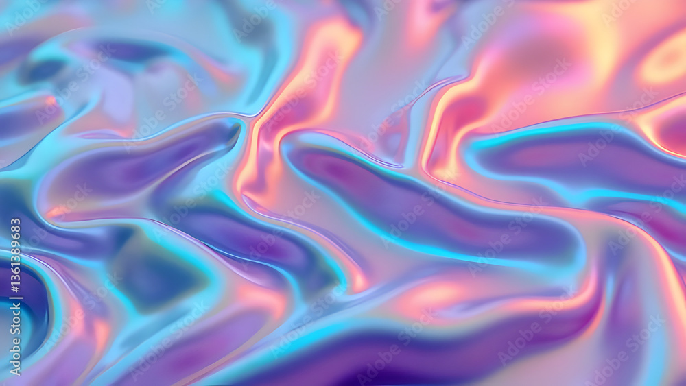Obraz premium Futuristic Liquid Metal Texture with Vibrant Iridescent Blue and Pink Holographic Waves – Abstract 3D Rendered Metallic Surface for Trendy Digital Art, Luxury Branding, Fashion, and Tech Backgrounds