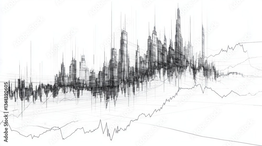 A line art drawing of a stock market graph with support and resistance lines. A line art drawing of a stock market graph with support and resistance lines.