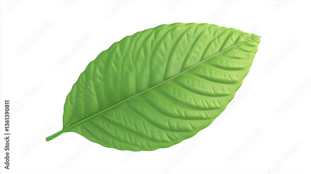 Obraz premium A detailed close-up shot of a single, vibrant green leaf isolated on a pure white background. The leaf exhibits prominent, parallel veins creating a textured surface. The image is sharply focused,