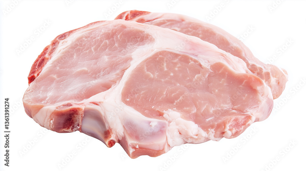 High-angle, close-up studio shot of two raw pork chops against a pure white background. The image showcases the pale pink color of the meat, with visible marbling and subtle textural variations. High-angle, close-up studio shot of two raw pork chops against a pure white background. The image showcases the pale pink color of the meat, with visible marbling and subtle textural variations.