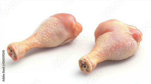 High-angle, close-up studio shot of two raw chicken drumsticks arranged on a clean white background.  The image features a minimal composition with a focus on the texture and color of the chicken.