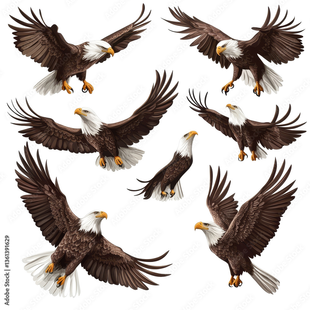 Obraz premium Eagles in flight showcasing various positions and views of these majestic birds soaring through the sky, eagle birds in diffrent positions and views isolated